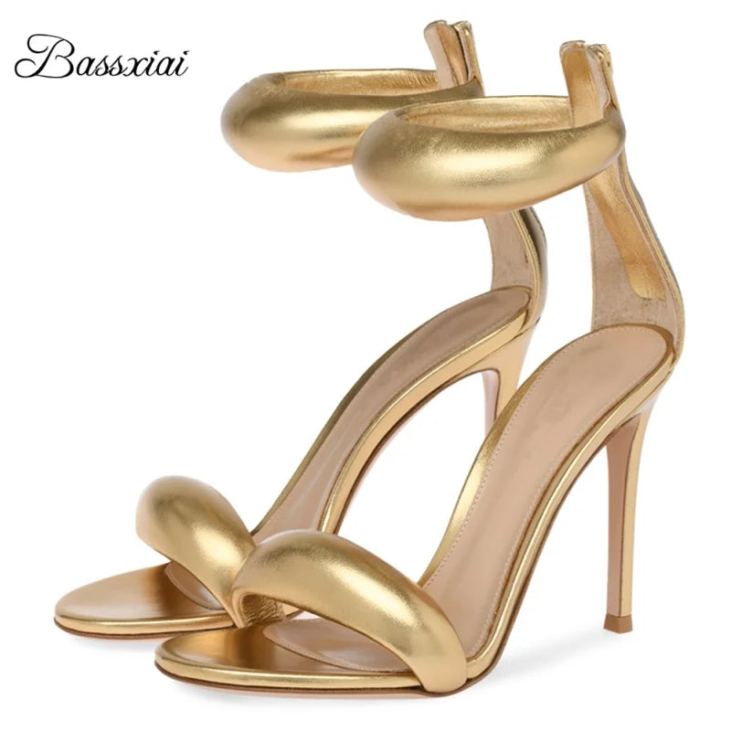 Genuine Leather One-Strap Sandals Women 10cm Stiletto Heel Back Zip Concise Style Modern Summer Shoes
